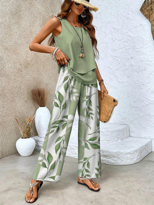 Lunvra Green Plant Print Square Neck Two Piece Set