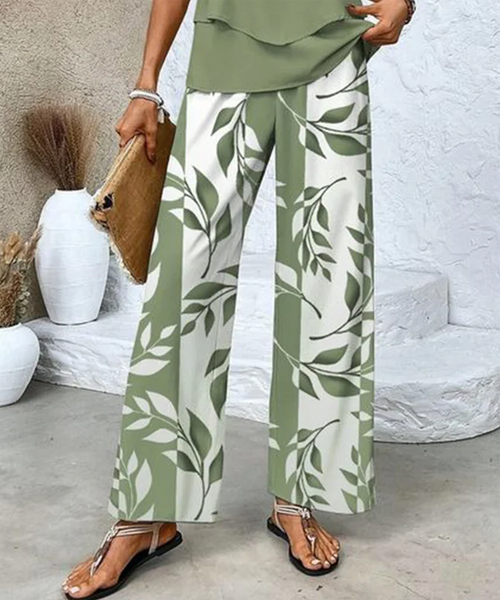 Lunvra Green Plant Print Square Neck Two Piece Set