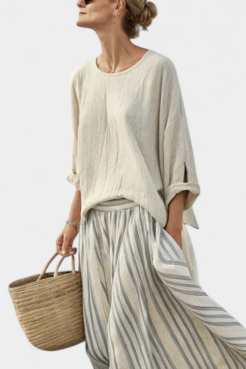 Carla Oversized Blouse with Striped Midi Skirt in Bamboo