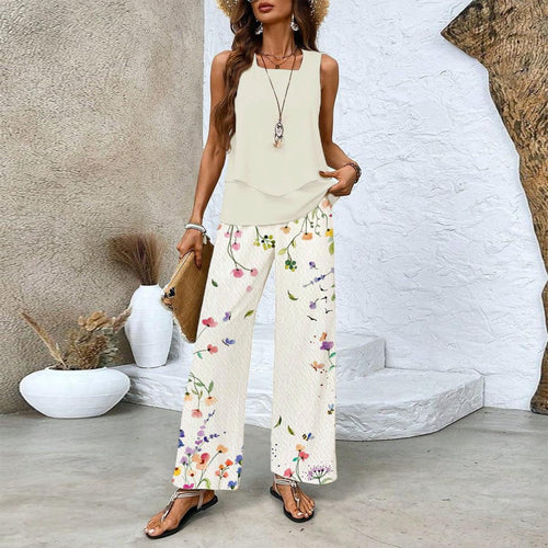 Lunvra Green Plant Print Square Neck Two Piece Set