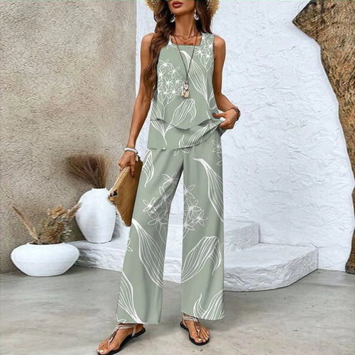 Lunvra Green Plant Print Square Neck Two Piece Set