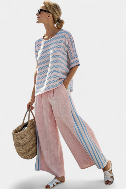 Daisy | Mediterranean Bamboo Collection in Soft Pastel Pink with Chic Blue Stripes