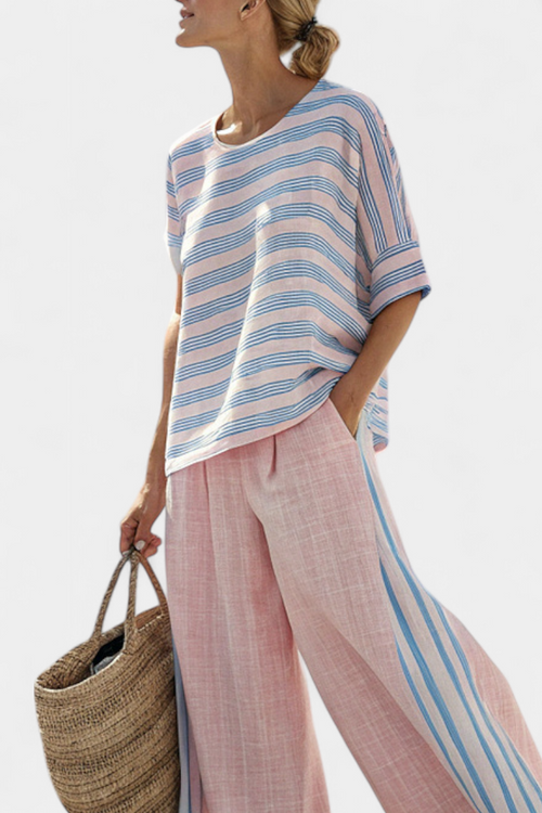 Daisy | Mediterranean Bamboo Collection in Soft Pastel Pink with Chic Blue Stripes