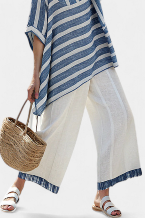 Nerissa Chic Mediterranean Ensemble with Blue Stripes and Hem-Finished Trousers