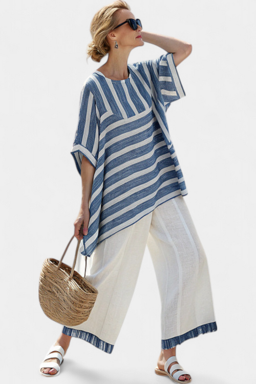 Nerissa Chic Mediterranean Ensemble with Blue Stripes and Hem-Finished Trousers