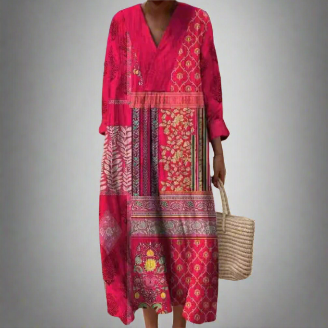 Maisie | Bohemian Patchwork Midi Dress with Longline Design