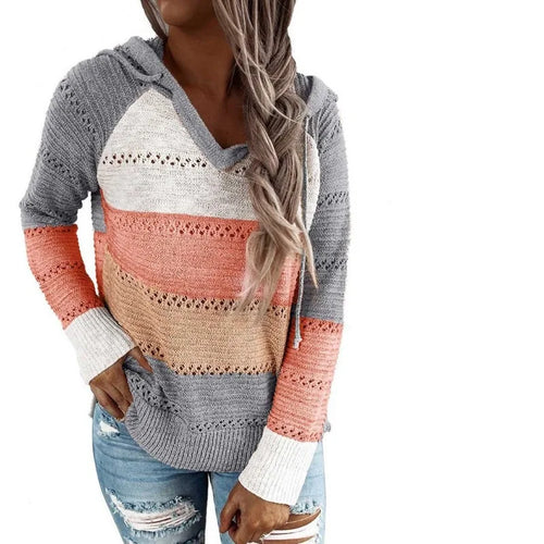 Maribel – Women’s Patchwork Striped Hoodie Sweater Pullover