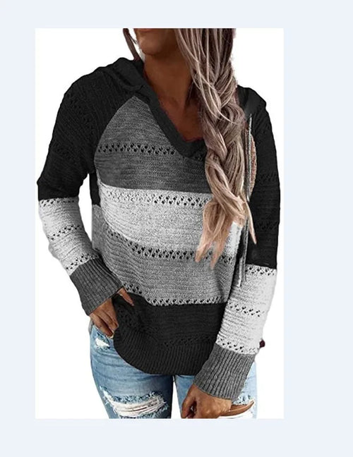 Maribel – Women’s Patchwork Striped Hoodie Sweater Pullover