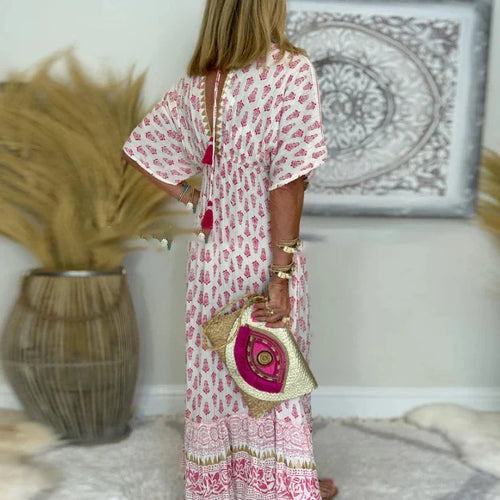 LUNVRA | BOHO V-NECK PRINTED MAXI DRESS