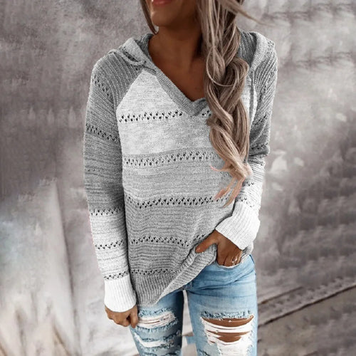 Maribel – Women’s Patchwork Striped Hoodie Sweater Pullover