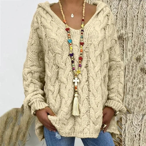 Helena – Women’s Cable Knit Hooded Sweater Pullover