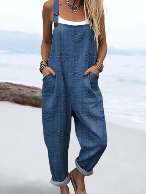 Casual Wide Leg Jumpsuit with Vintage Floral Print