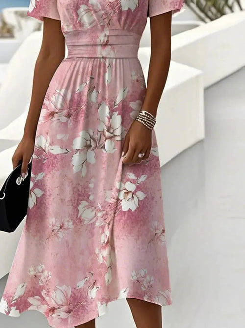 Lunvra Sweet V-Neck Short Sleeve Midi Dress