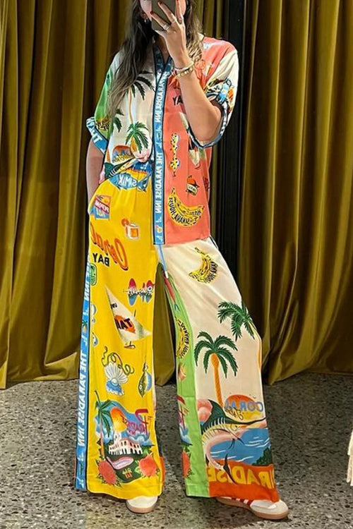 Contrast Color Holiday Print Two-Piece Set