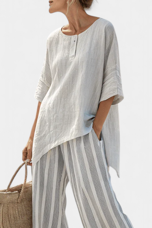 Jane Asymmetric Blouse and Striped Trousers for a Chic Modern Look