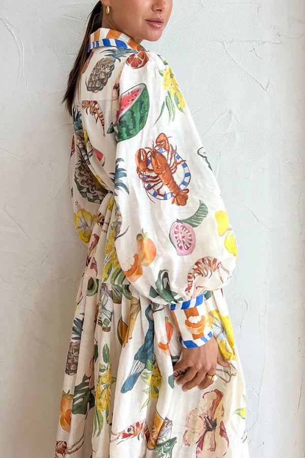 Tropical Fruit Ballooni Sleeve Midi Dress