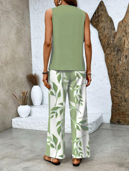 Lunvra Green Plant Print Square Neck Two Piece Set