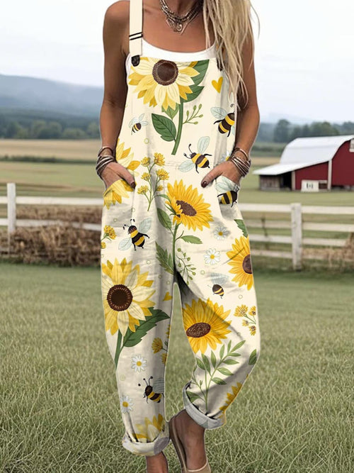 Wide Leg Jumpsuit with Charming Sunflower and Bee Print