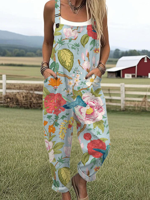 Retro Floral Art Print Relaxed Wide Leg Jumpsuit