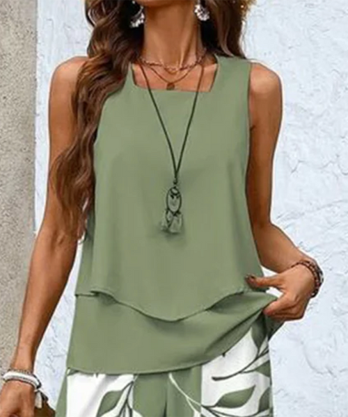 Lunvra Green Plant Print Square Neck Two Piece Set