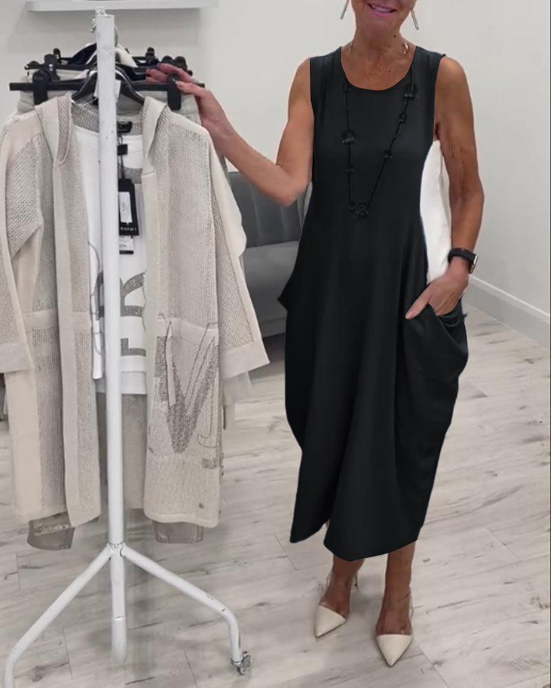 MIREYA – SLEEVELESS PATCHWORK POCKET DRESS