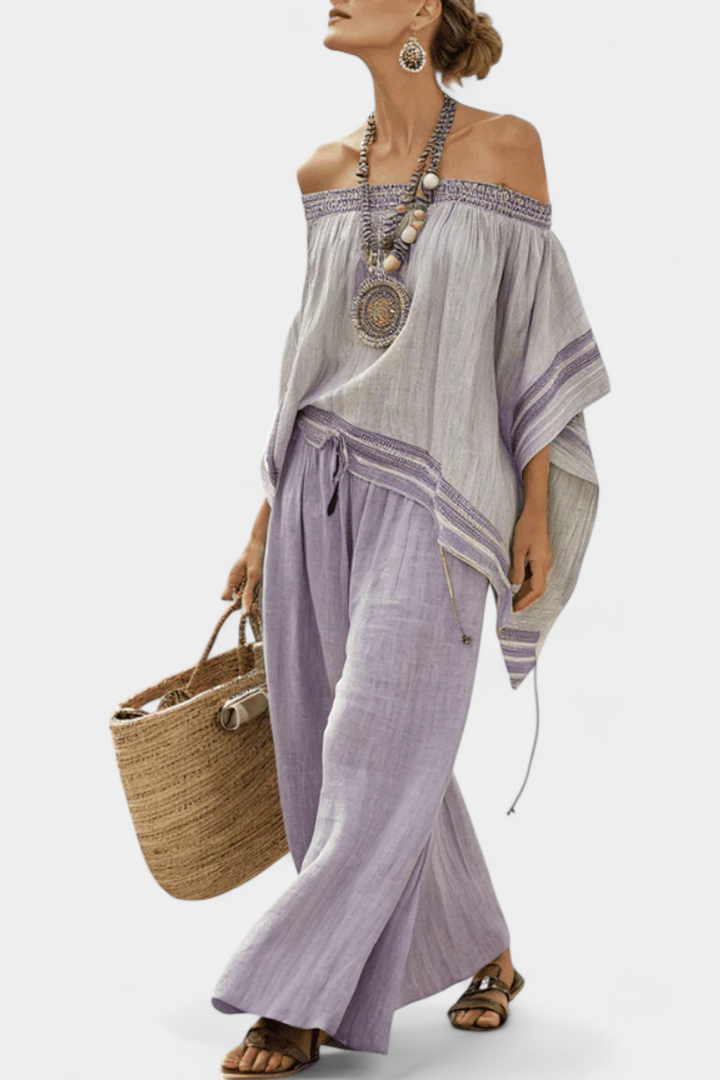 Leny Off-Shoulder Top & Wide-Leg Trousers for a Fresh Look