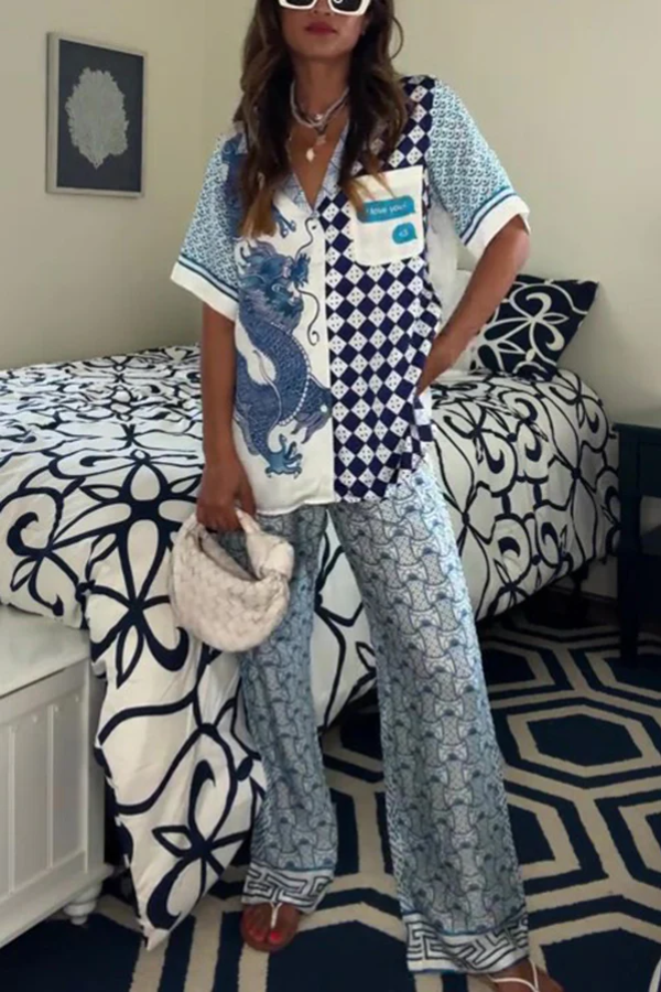 Dragon Print Short Sleeve Shirt & Pants Set