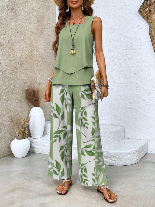 Lunvra Green Plant Print Square Neck Two Piece Set