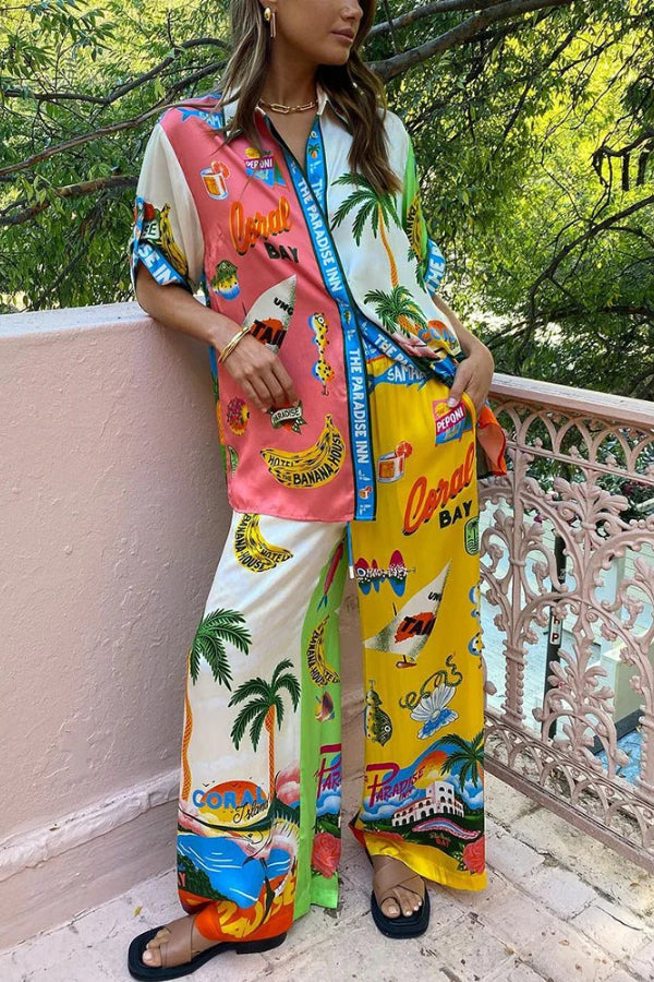 Contrast Color Holiday Print Two-Piece Set