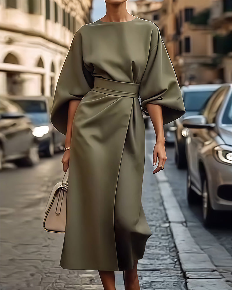 Celestine™ Dress with Elegant Lantern Sleeves & Belt