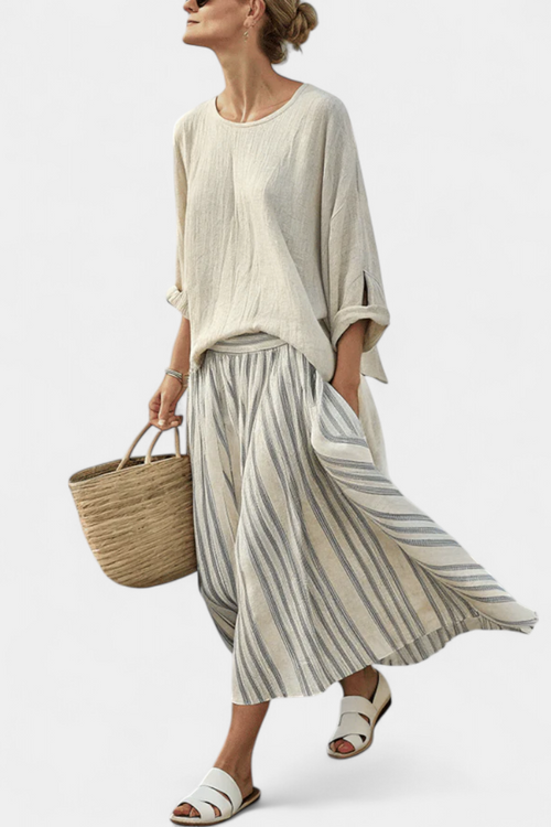 Carla Oversized Blouse with Striped Midi Skirt in Bamboo