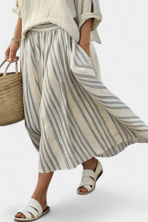 Carla Oversized Blouse with Striped Midi Skirt in Bamboo