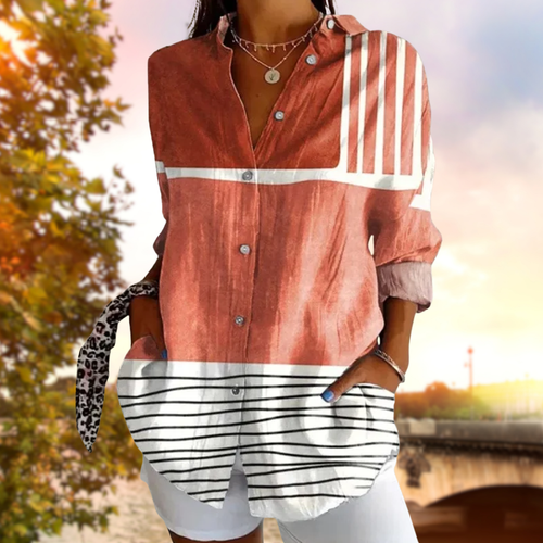 ZARELIA™ | Striped Hem Blouse with Color Gradient Design