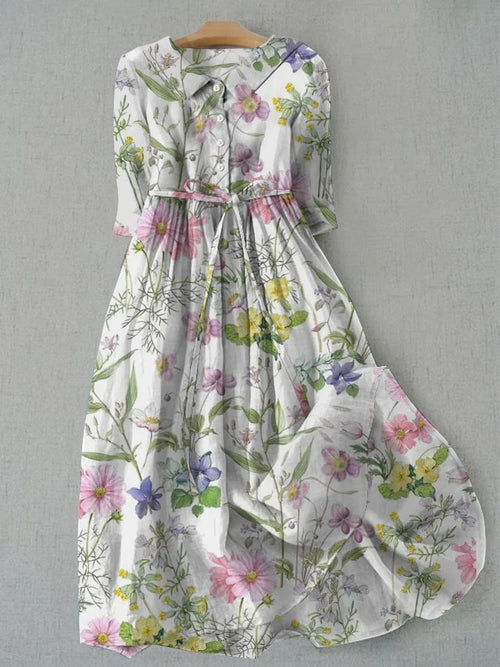 Dahlia - Floral A-Line Dress with Lace-Up Waist for Summer