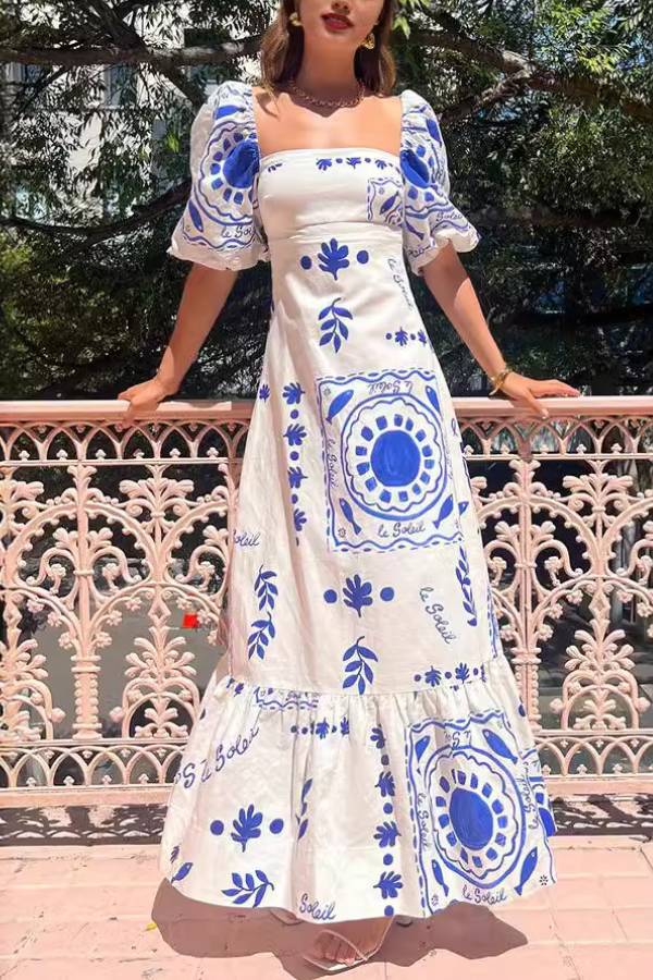 Solara™ Floral Square Neck Bubble Sleeve Maxi Dress