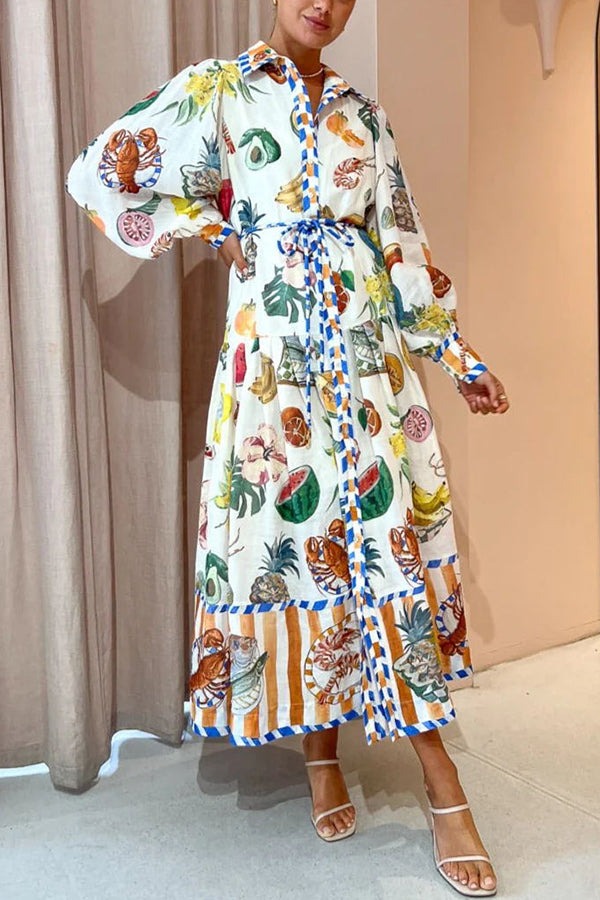 Tropical Fruit Ballooni Sleeve Midi Dress