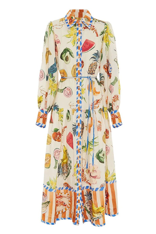 Tropical Fruit Ballooni Sleeve Midi Dress