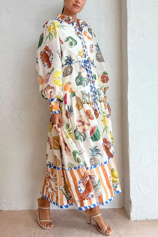Tropical Fruit Ballooni Sleeve Midi Dress