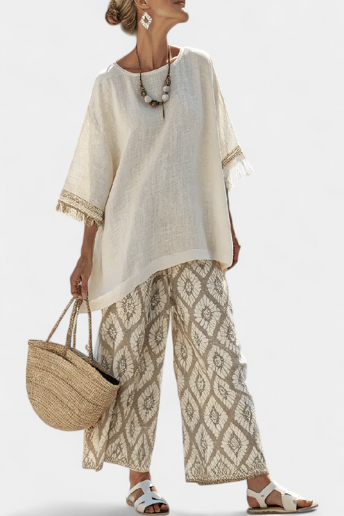Nelly Boho Chic Daisy Ensemble Long Shirt and Printed Trousers