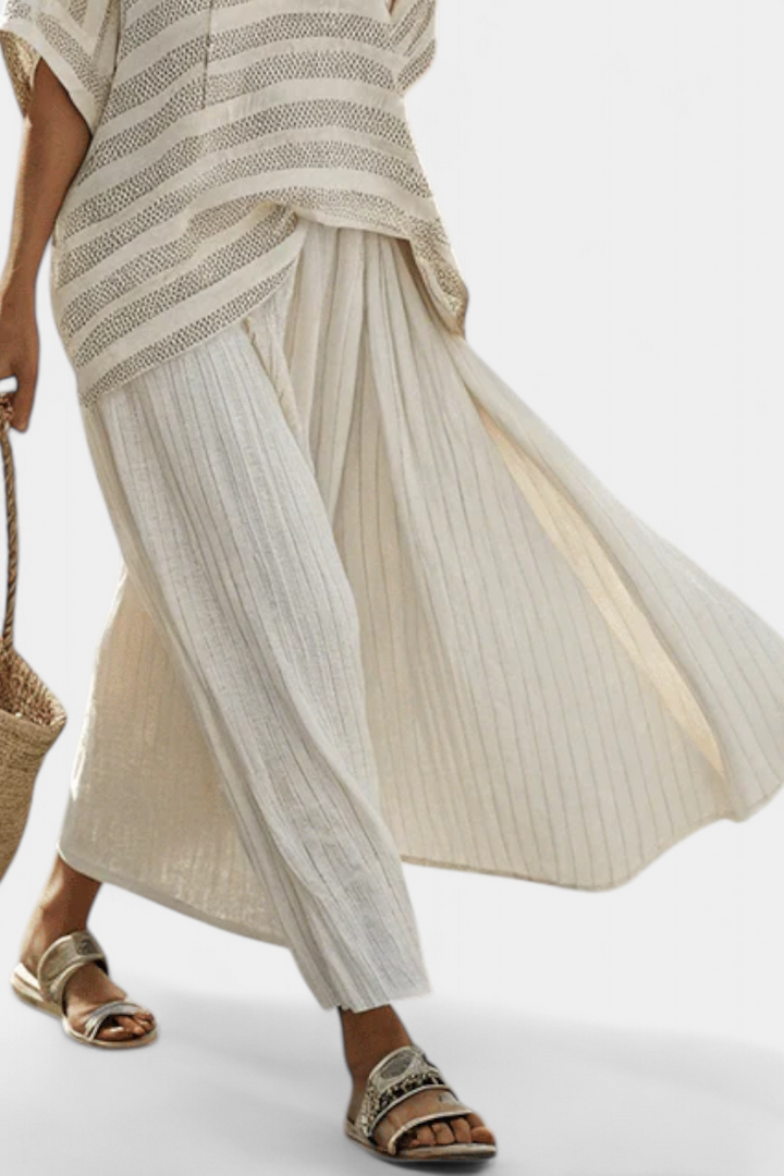 Zyra Daisy Bamboo Suit Featuring Chic Striped Blouse and Flowing Trousers