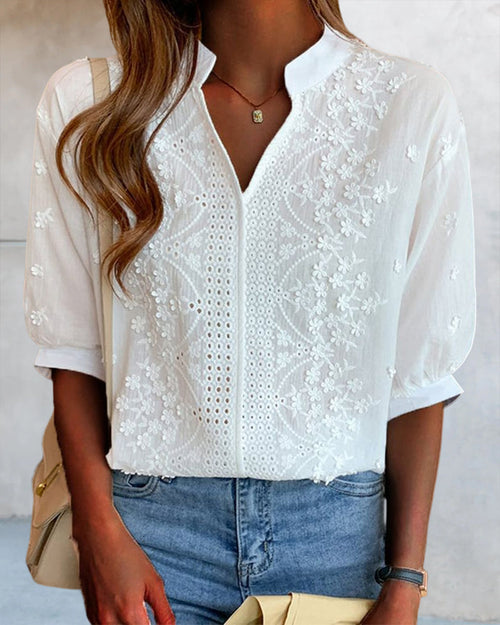 ELENA - LACE TRIM PUFF SLEEVE BLOUSE