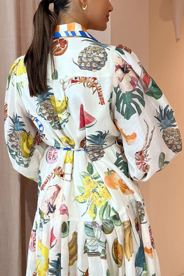 Tropical Fruit Ballooni Sleeve Midi Dress