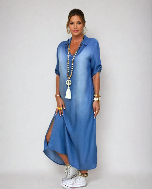 Lea™ | Long Denim Look Dress with Side Slit