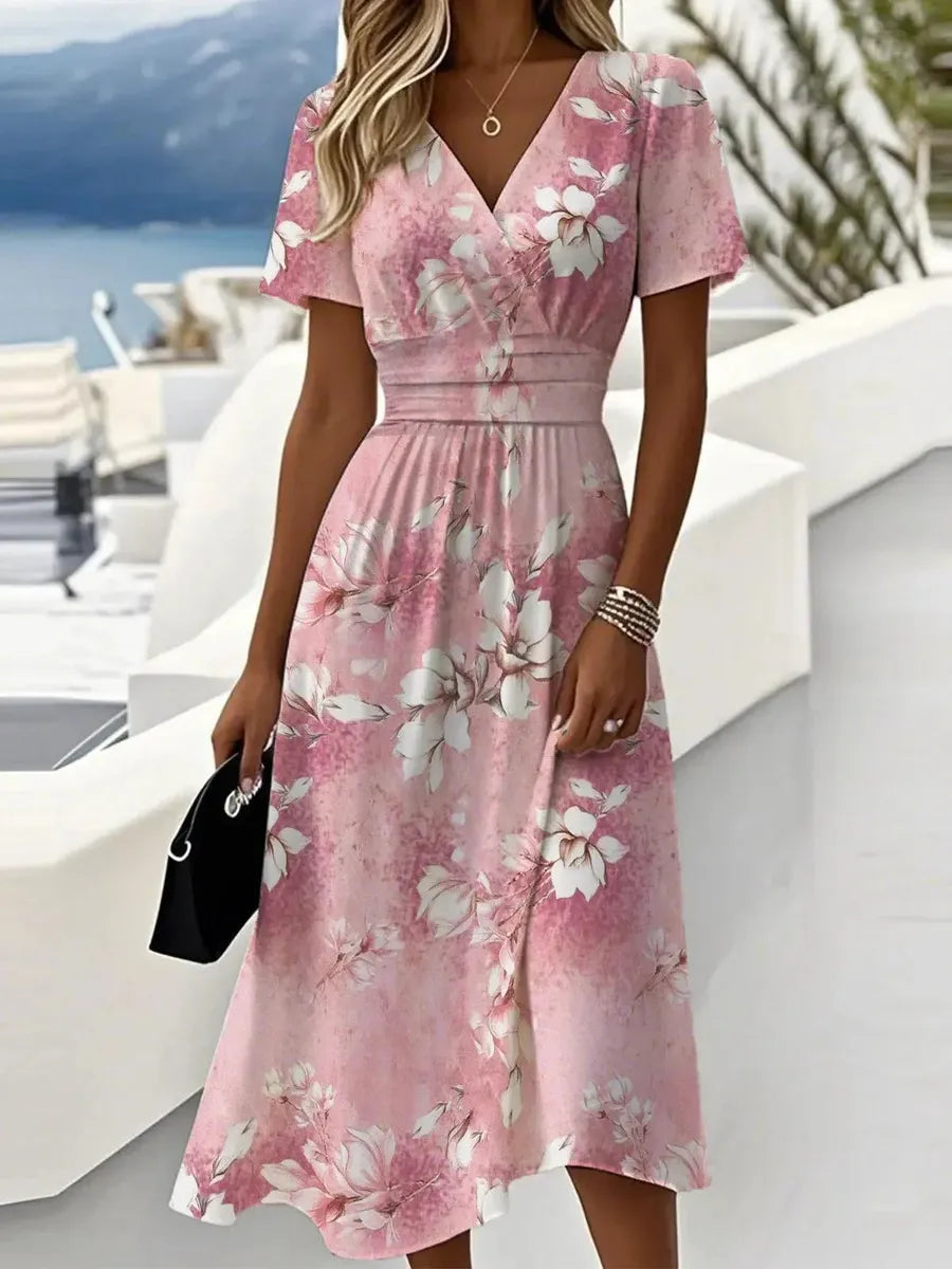 Lunvra Sweet V-Neck Short Sleeve Midi Dress