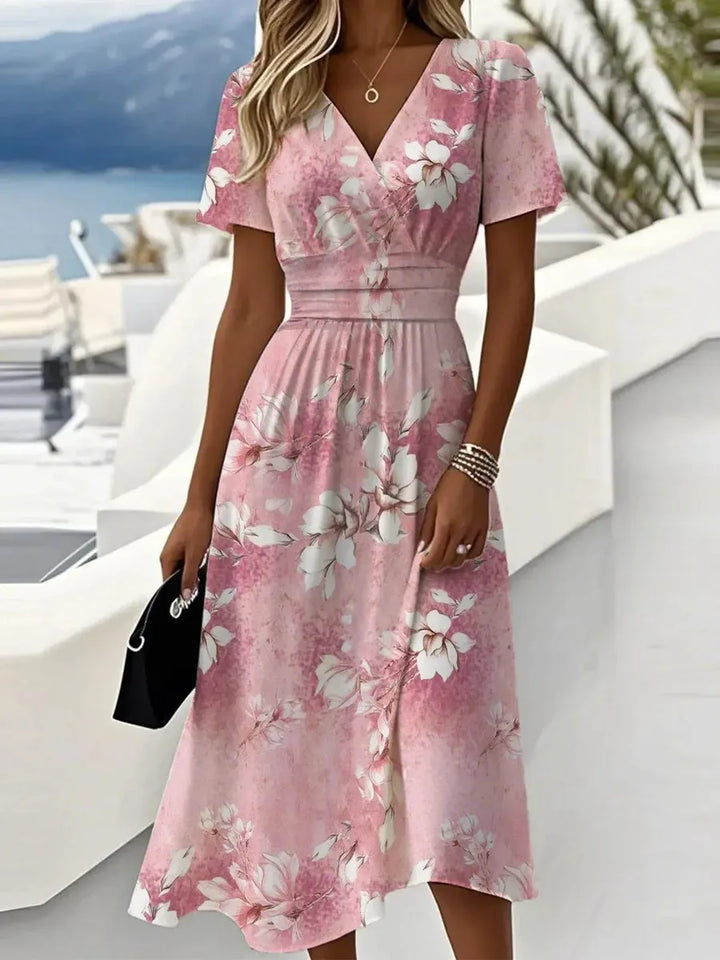 Lunvra Sweet V-Neck Short Sleeve Midi Dress