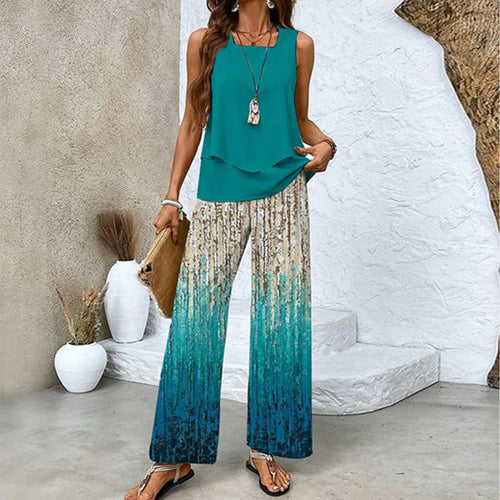 Lunvra Green Plant Print Square Neck Two Piece Set