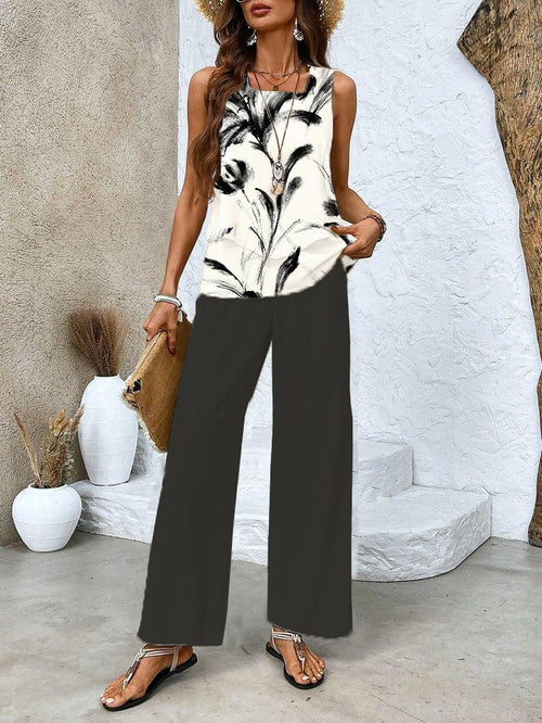 Lunvra Green Plant Print Square Neck Two Piece Set