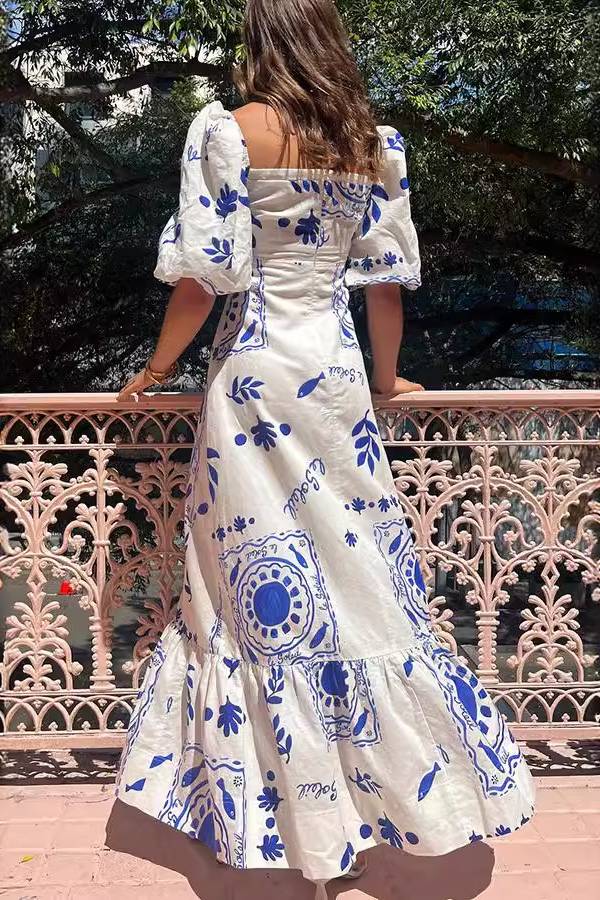 Solara™ Floral Square Neck Bubble Sleeve Maxi Dress