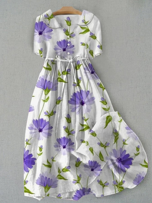 Sage - Vintage-Inspired Floral Dress with Lace-Up Waist and Half Sleeves