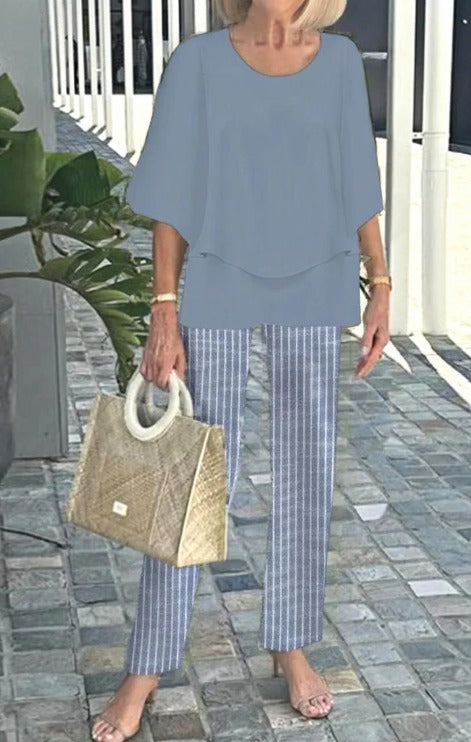 Lunvra Grey Round Neck Two Piece Set